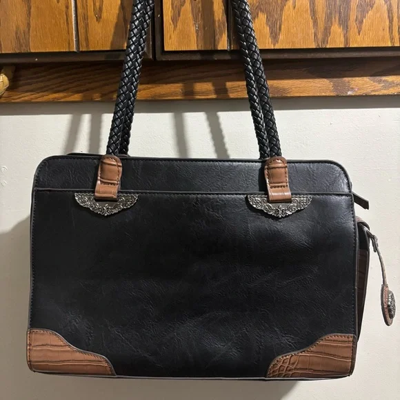 Mixed Media Black Brown Faux Leather Tote Shoulder Purse Document Bag Embossed - Picture 14 of 14